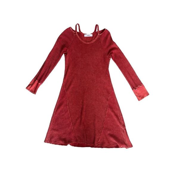able Shoulder Cutout Raw Hem Thermal Dress Red Bohemian S Distressed Flowy - Picture 1 of 10